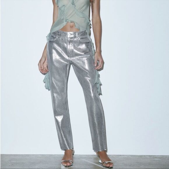 Zara Denim - Zara NWT Viral Silver Coated High Rise Jeans Size 6 Sold Out Online Bloggers Fav